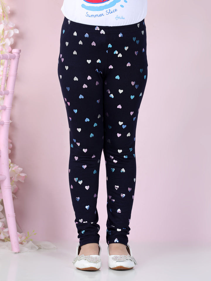 Girls Navy Blue Cotton Lycra Heart Foil Printed Leggings