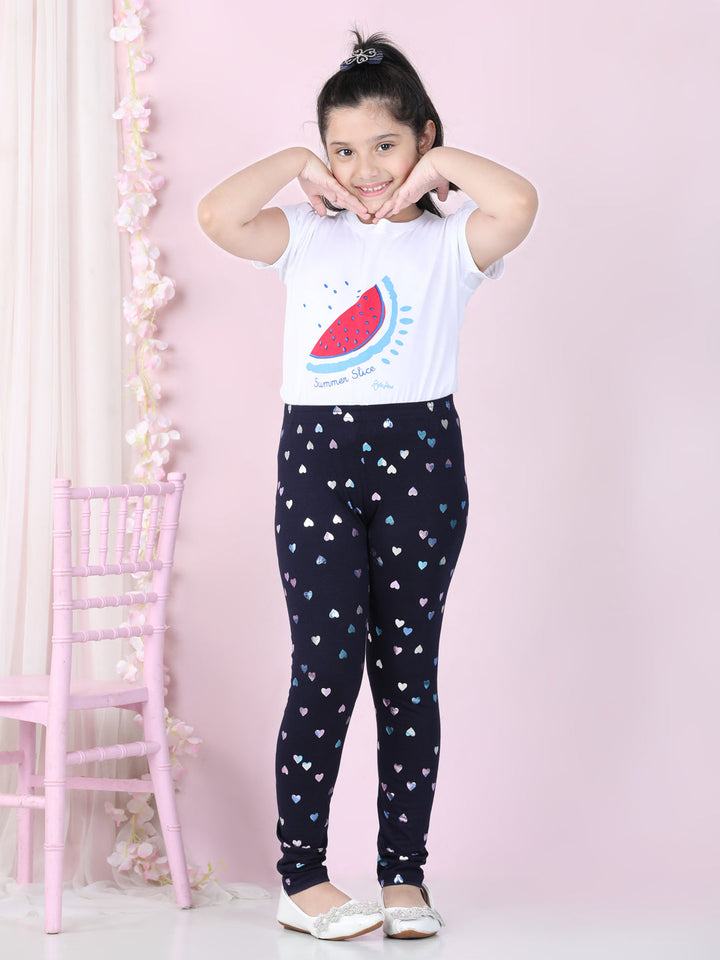 Girls Navy Blue Cotton Lycra Heart Foil Printed Leggings