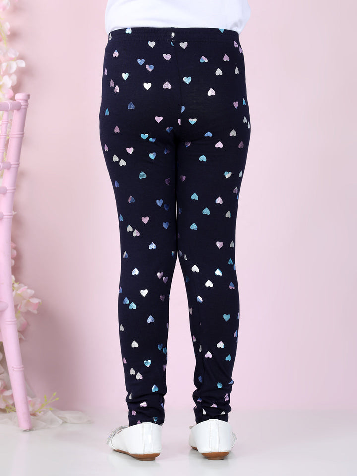 Girls Navy Blue Cotton Lycra Heart Foil Printed Leggings