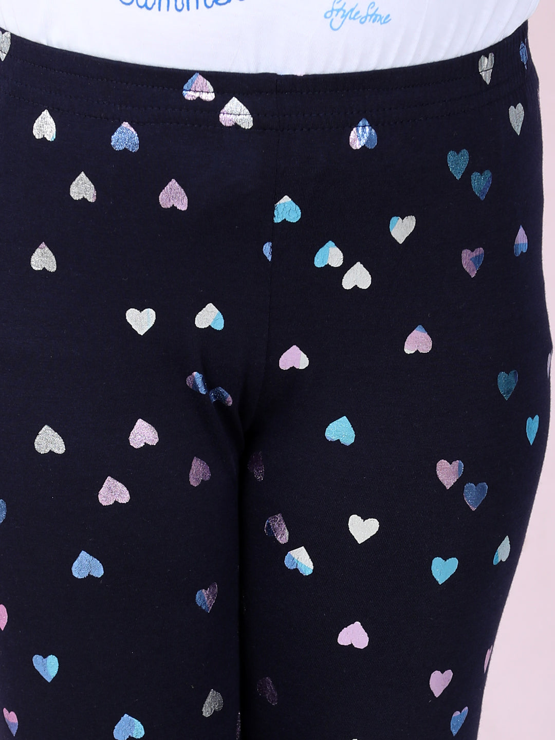 Girls Navy Blue Cotton Lycra Heart Foil Printed Leggings