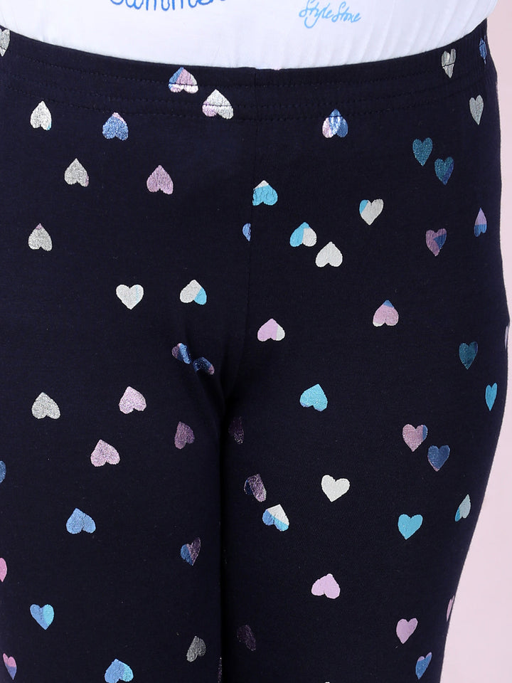 Girls Navy Blue Cotton Lycra Heart Foil Printed Leggings