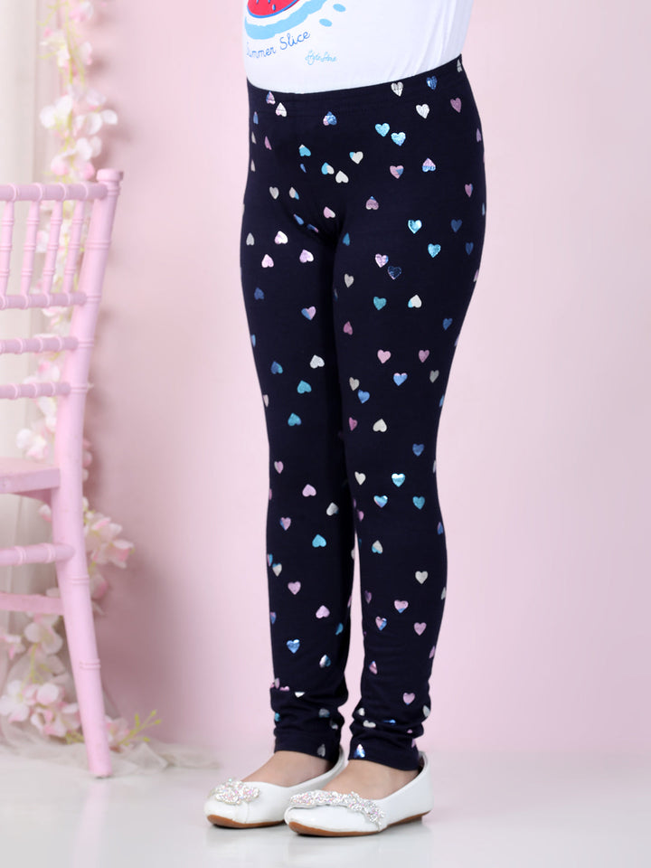 Girls Navy Blue Cotton Lycra Heart Foil Printed Leggings