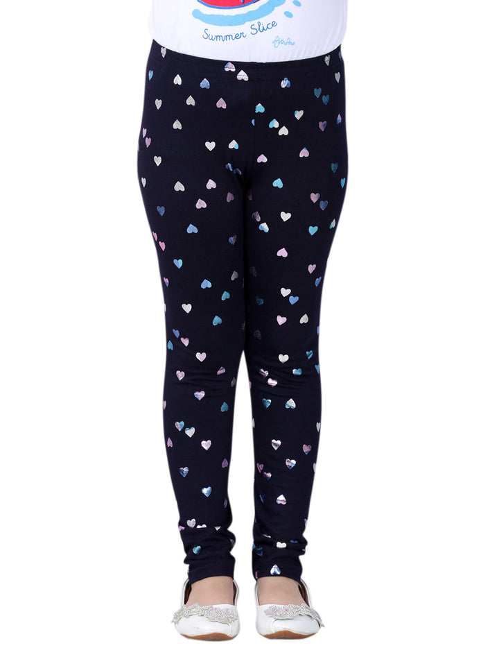 Girls Navy Blue Cotton Lycra Heart Foil Printed Leggings