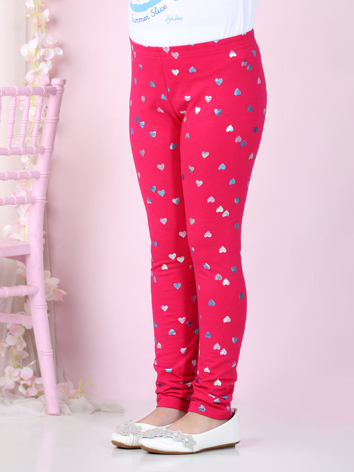 Girls Pink Cotton Lycra Heart Foil Printed Leggings