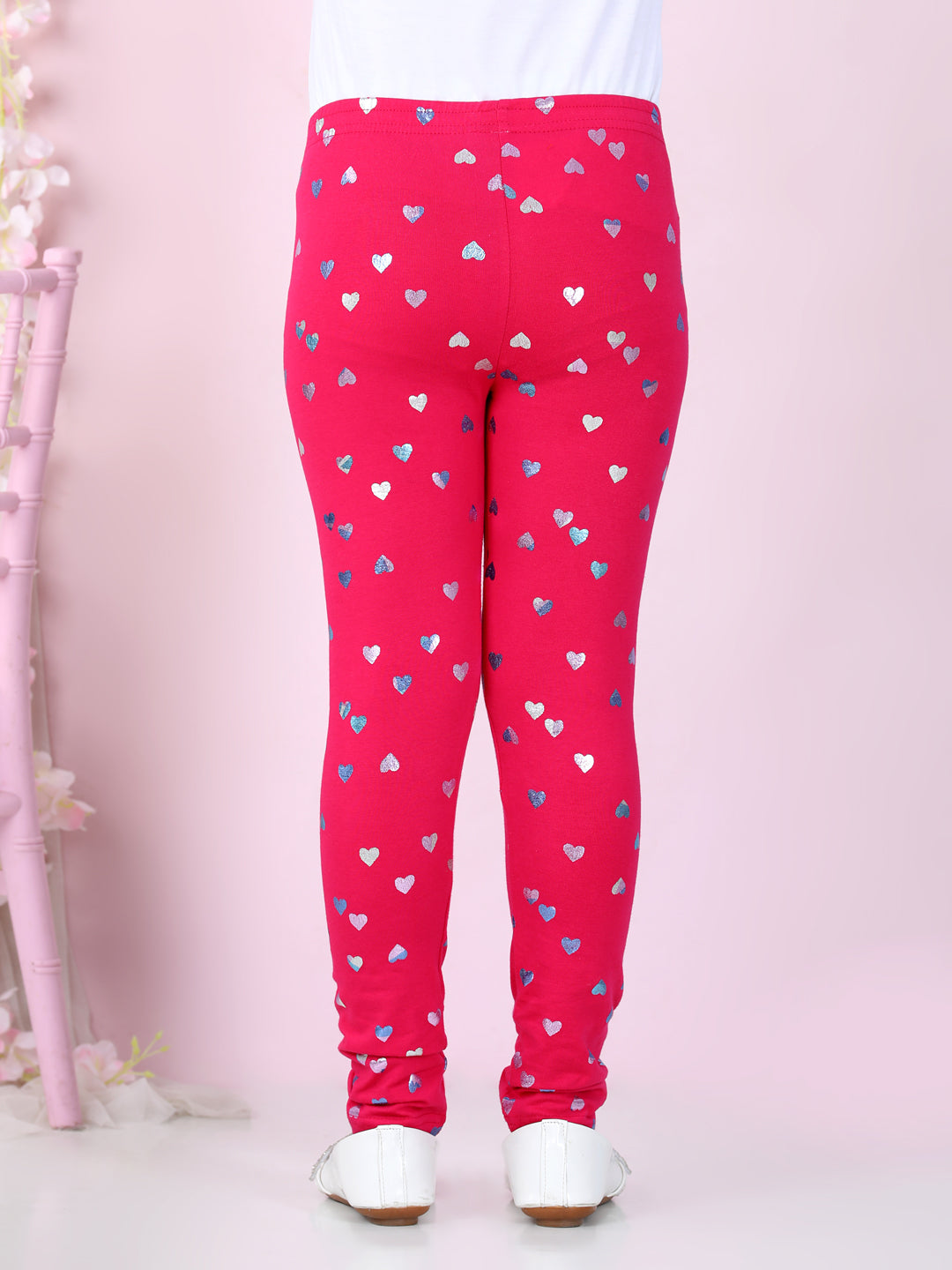 Girls Pink Cotton Lycra Heart Foil Printed Leggings