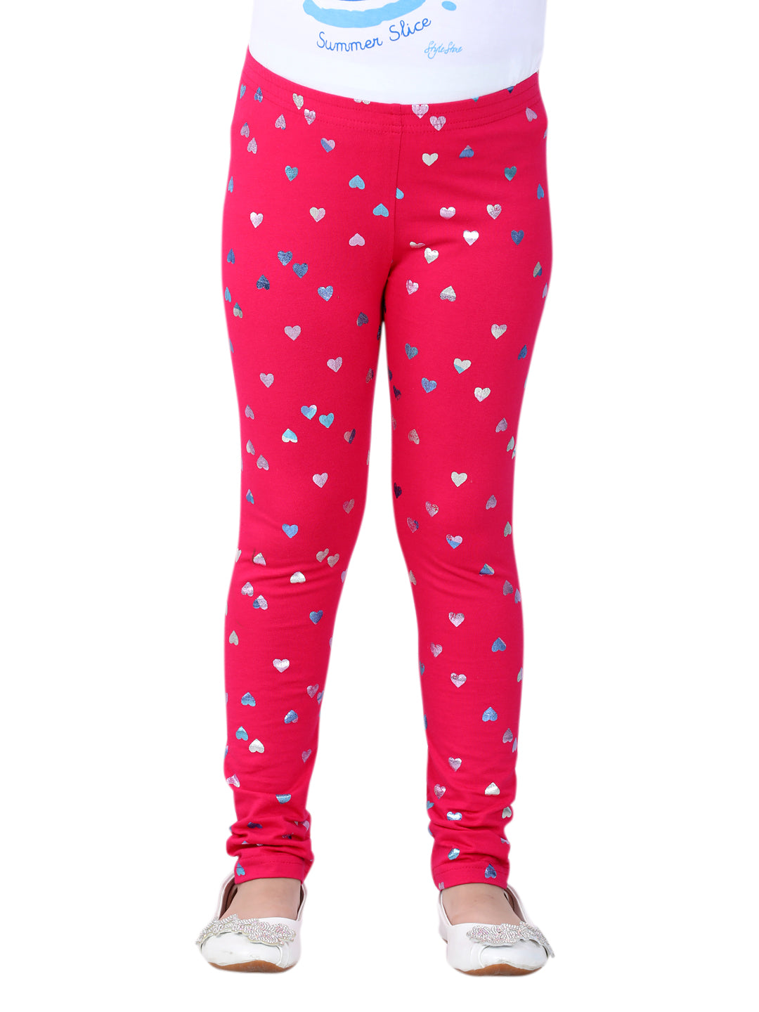 Girls Pink Cotton Lycra Heart Foil Printed Leggings