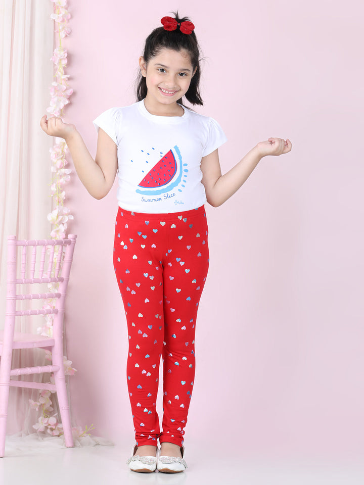 Girls Red Cotton Lycra Heart Foil Printed Leggings