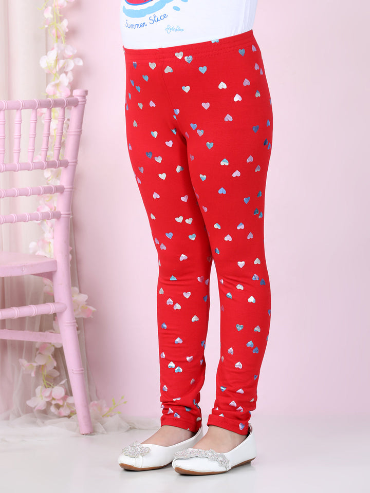 Girls Red Cotton Lycra Heart Foil Printed Leggings