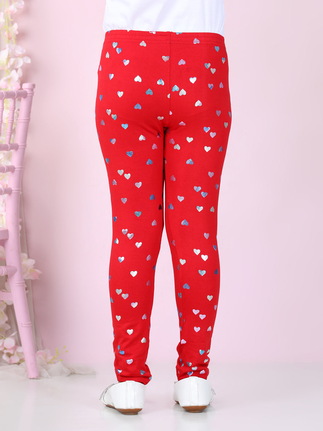 Girls Red Cotton Lycra Heart Foil Printed Leggings