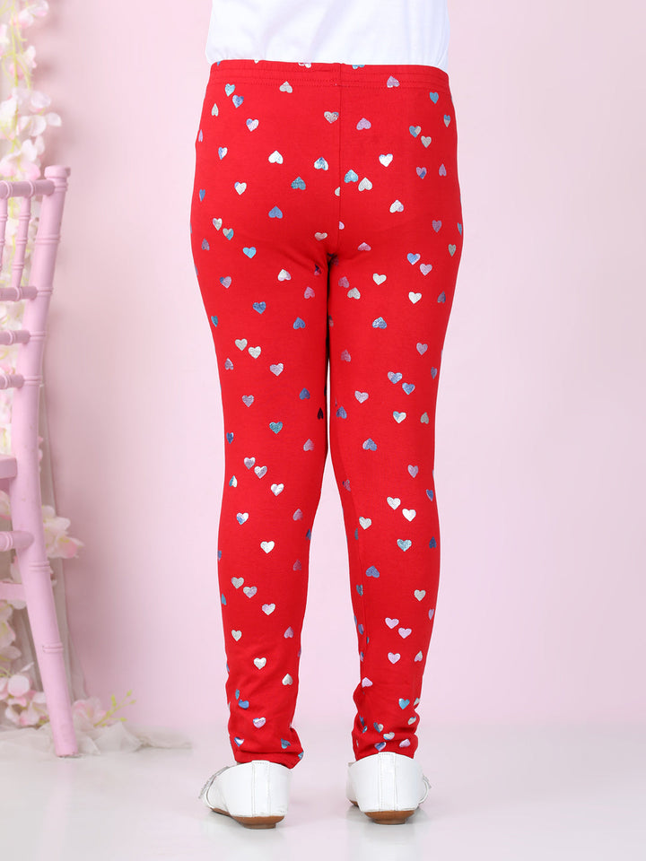 Girls Red Cotton Lycra Heart Foil Printed Leggings