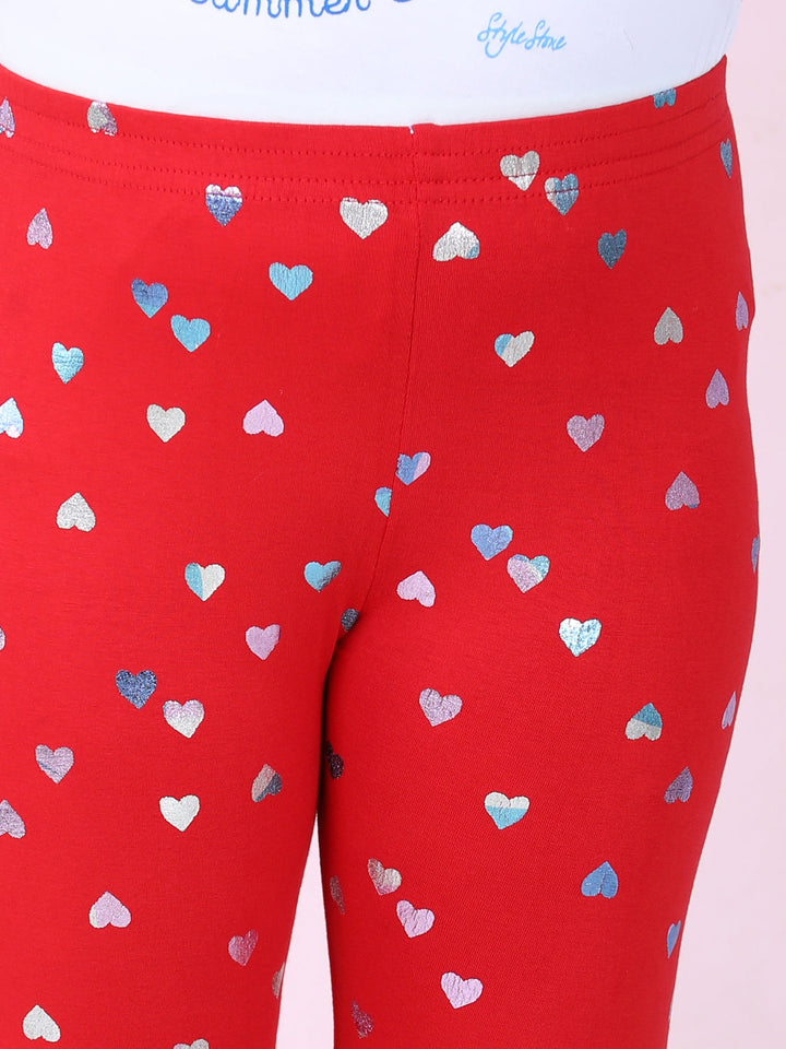 Girls Red Cotton Lycra Heart Foil Printed Leggings