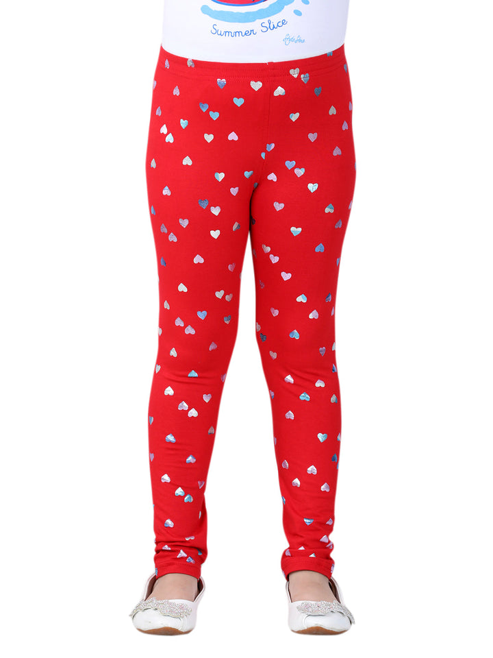 Girls Red Cotton Lycra Heart Foil Printed Leggings