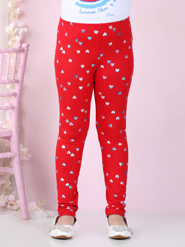 Girls Red Cotton Lycra Heart Foil Printed Leggings