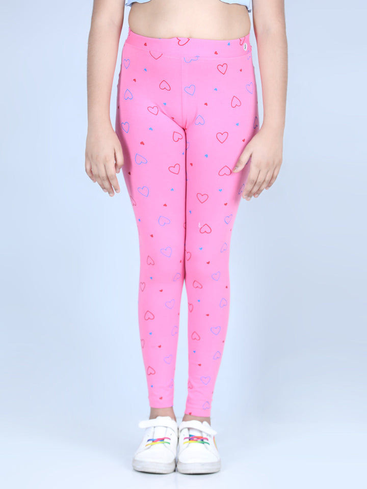 Girls Pink Cotton Lycra Heart Printed Leggings