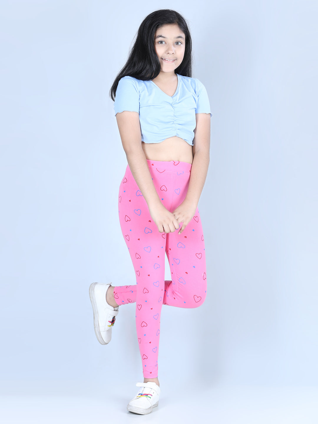 Girls Pink Cotton Lycra Heart Printed Leggings