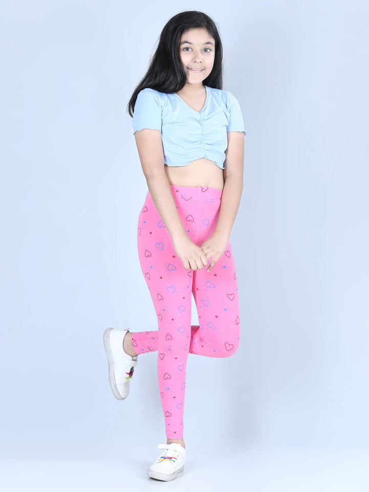 Girls Pink Cotton Lycra Heart Printed Leggings