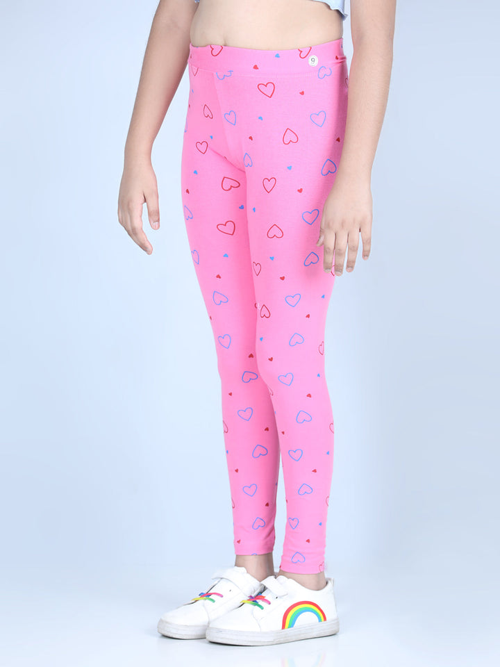 Girls Pink Cotton Lycra Heart Printed Leggings