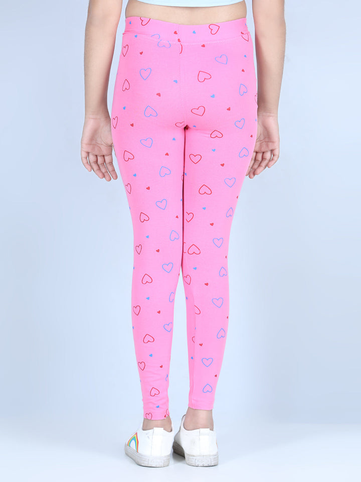 Girls Pink Cotton Lycra Heart Printed Leggings