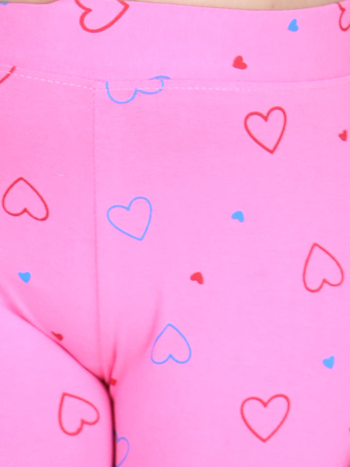 Girls Pink Cotton Lycra Heart Printed Leggings