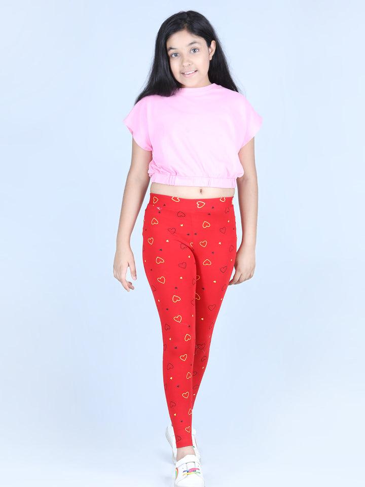 Girls Red Cotton Lycra Heart Printed Leggings