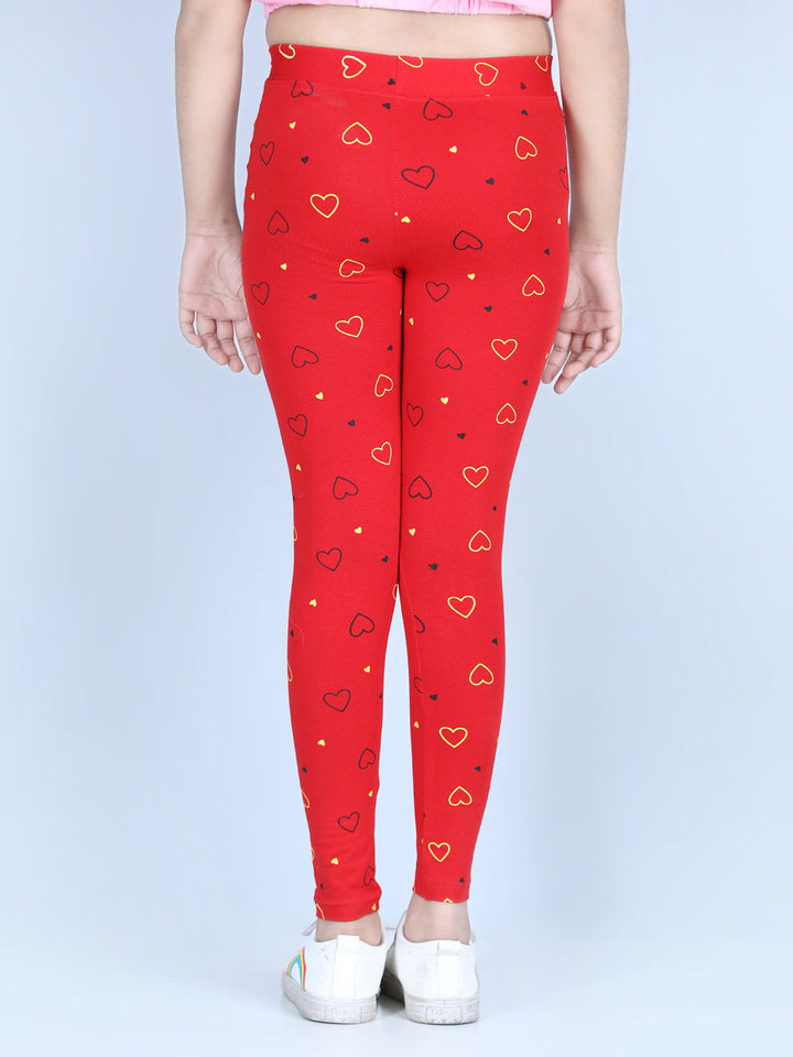 Girls Red Cotton Lycra Heart Printed Leggings