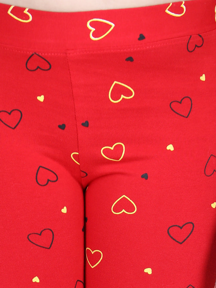 Girls Red Cotton Lycra Heart Printed Leggings