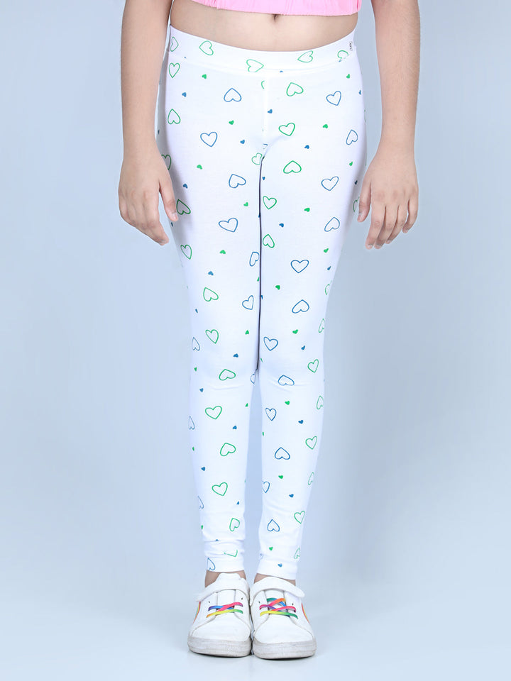 Girls White Cotton Lycra Heart Printed Leggings