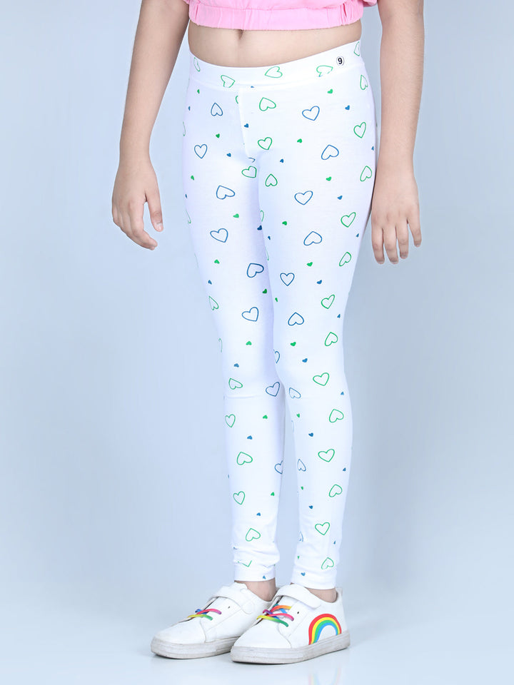 Girls White Cotton Lycra Heart Printed Leggings