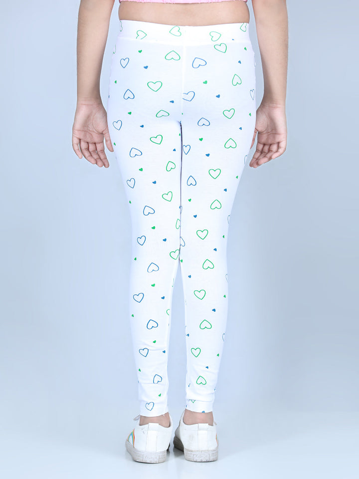 Girls White Cotton Lycra Heart Printed Leggings