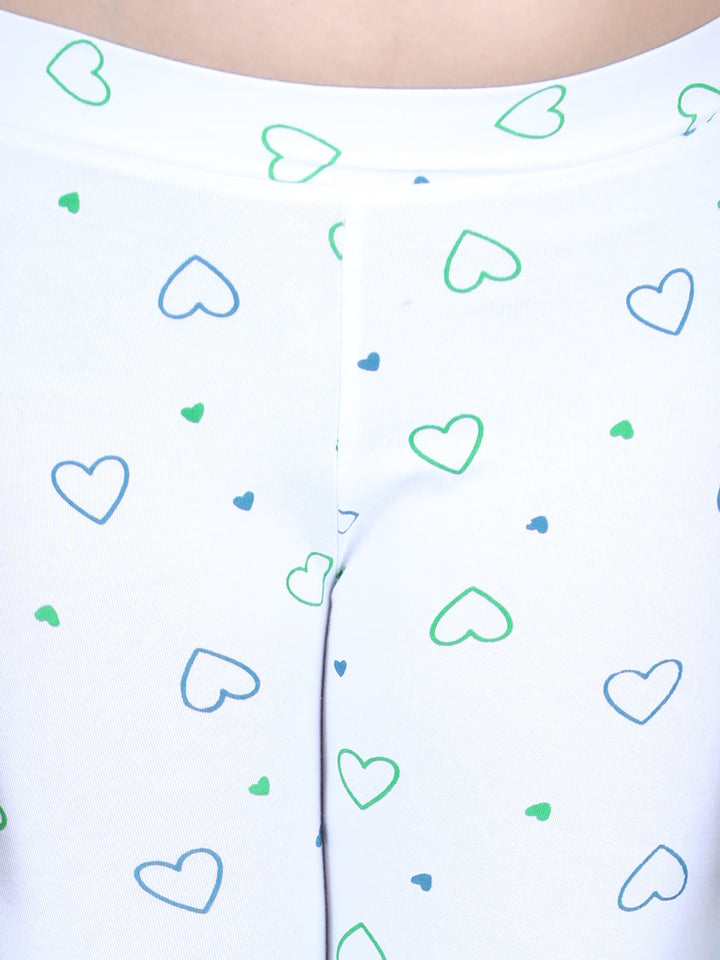 Girls White Cotton Lycra Heart Printed Leggings