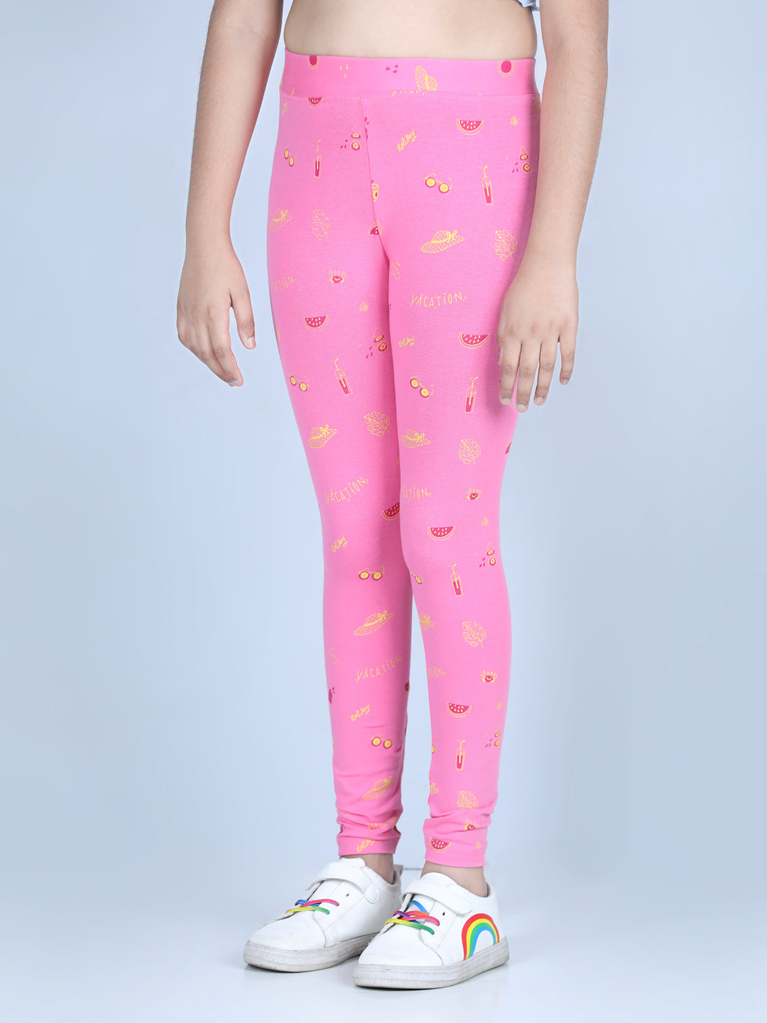 Girls Pink Cotton Lycra Holiday Inspired Printed Leggings