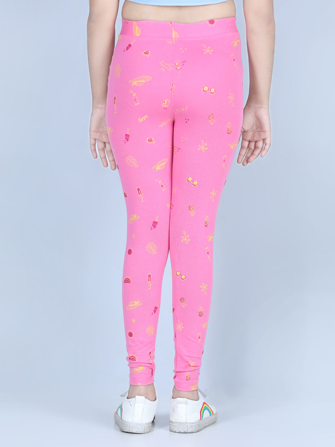 Girls Pink Cotton Lycra Holiday Inspired Printed Leggings