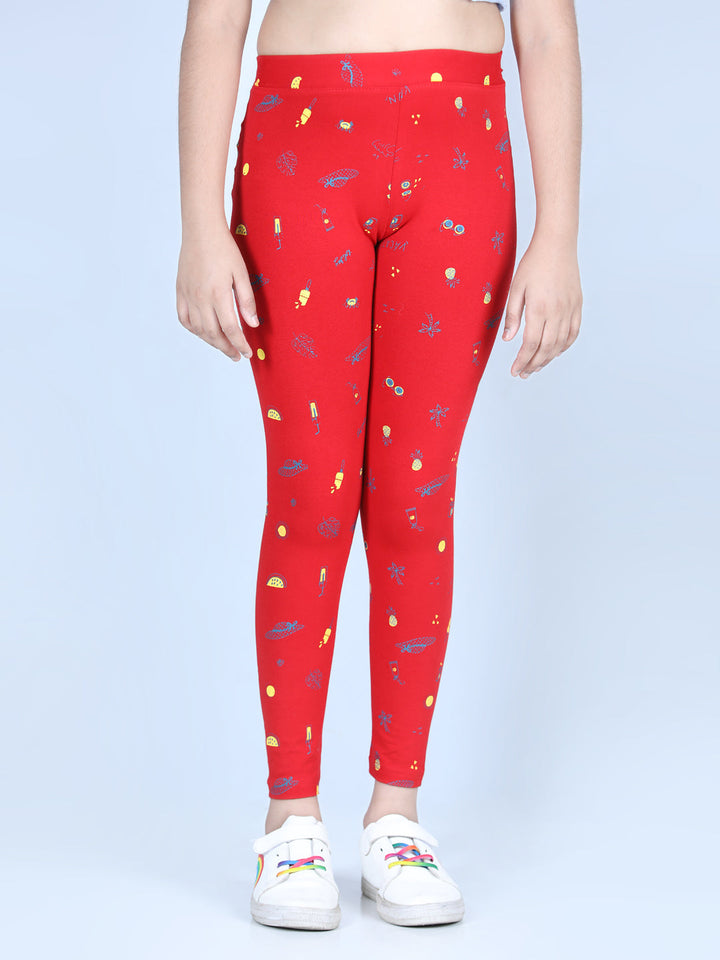 Girls Red Cotton Lycra Holiday Inspired Printed Leggings