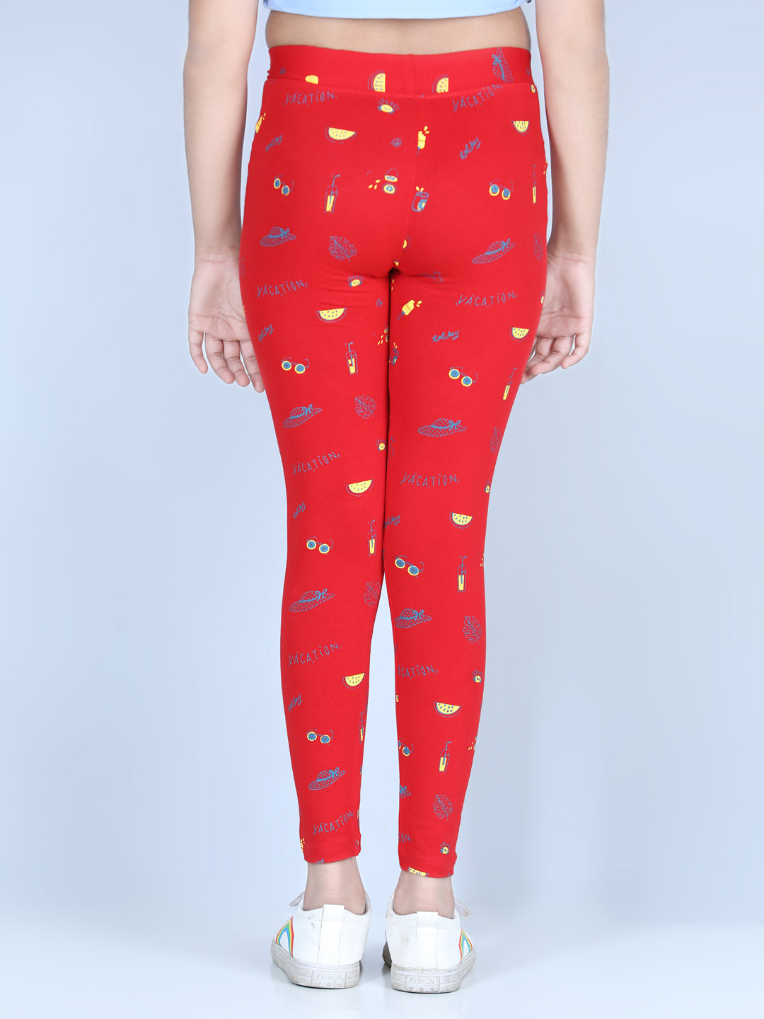 Girls Red Cotton Lycra Holiday Inspired Printed Leggings