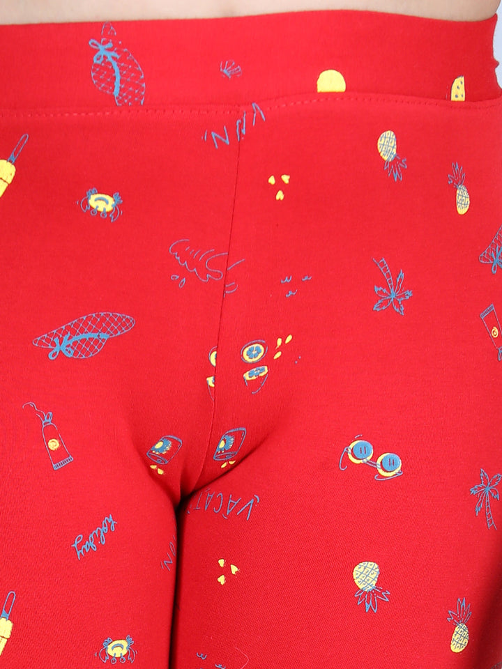 Girls Red Cotton Lycra Holiday Inspired Printed Leggings