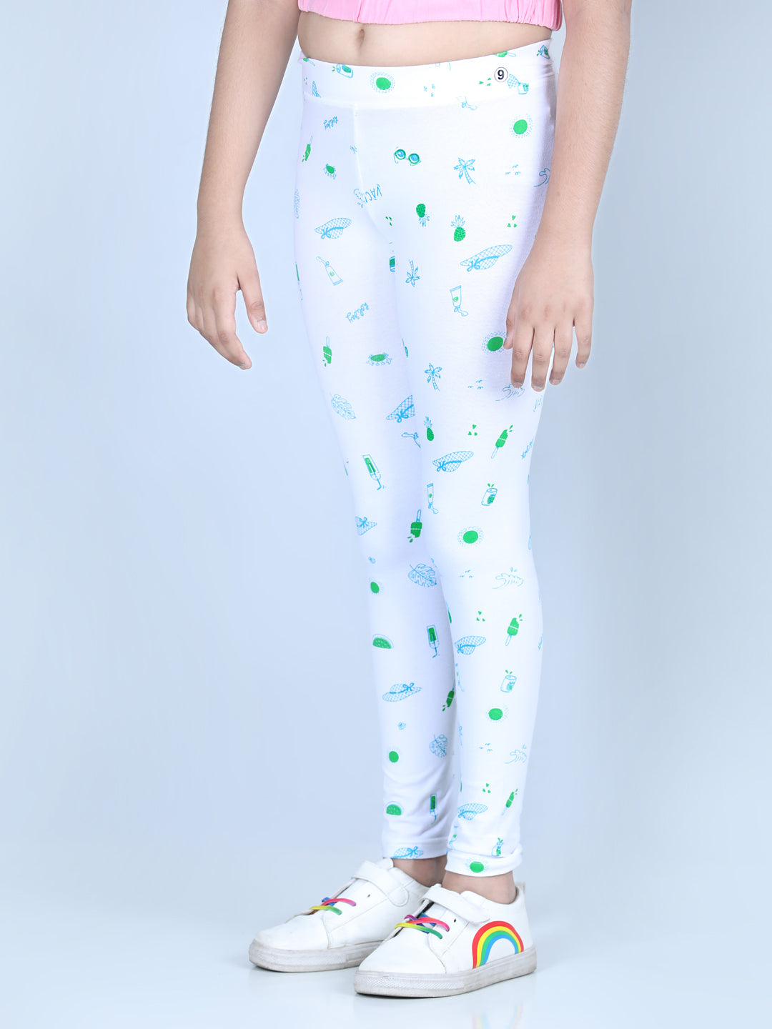 Girls White Cotton Lycra Holiday Inspired Printed Leggings