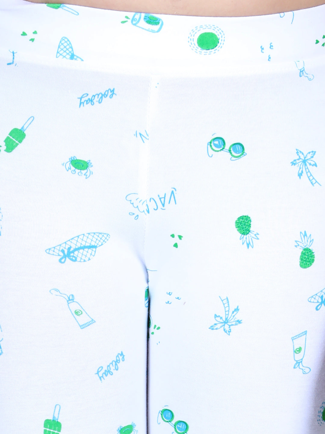 Girls White Cotton Lycra Holiday Inspired Printed Leggings