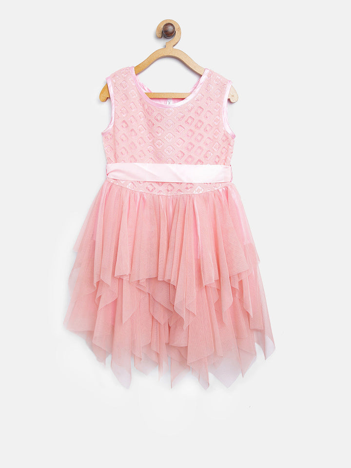 Girls Peach Polyester & Net Layered Party Dress