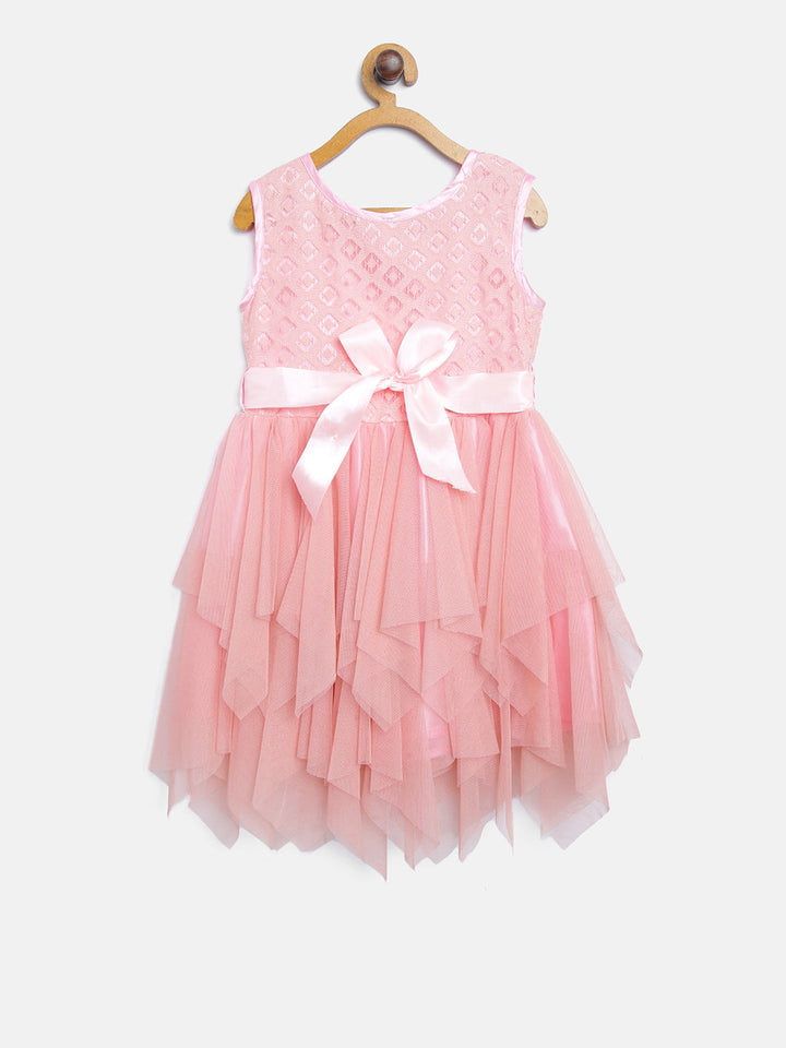 Girls Peach Polyester & Net Layered Party Dress