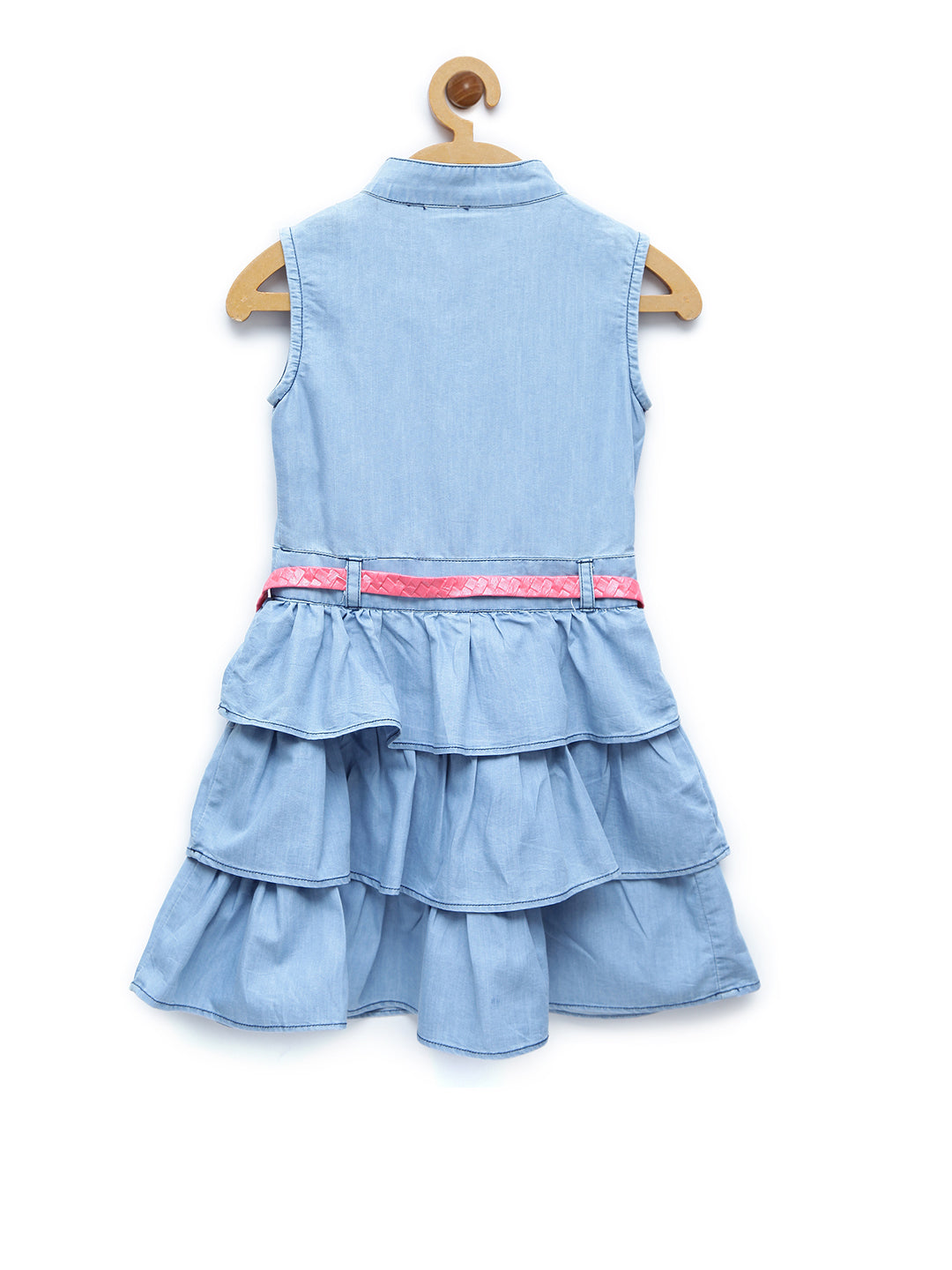 Girls Light Blue Denim Tiered Rose Patch Dress With Belt
