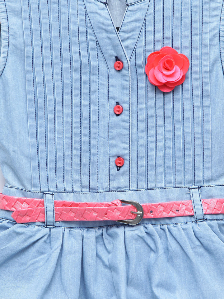 Girls Light Blue Denim Tiered Rose Patch Dress With Belt