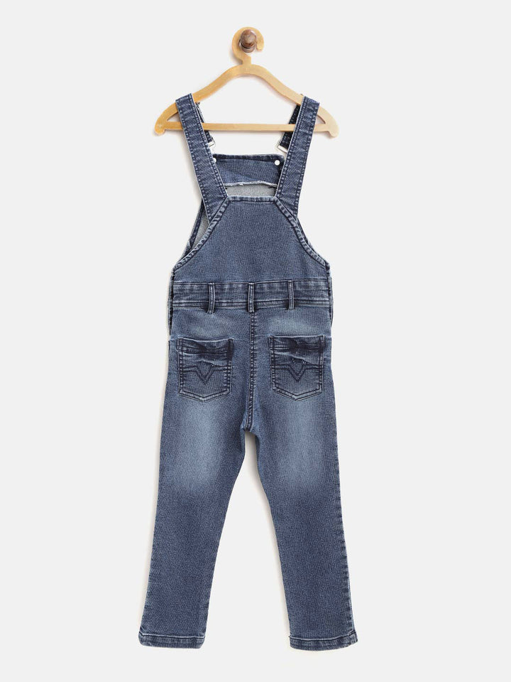 Girls Lycra Blue Denim Dungaree With Red Patch Distress