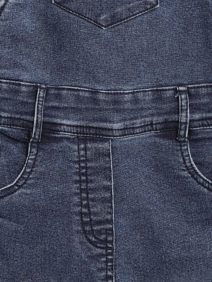 Girls Lycra Blue Denim Dungaree With Red Patch Distress