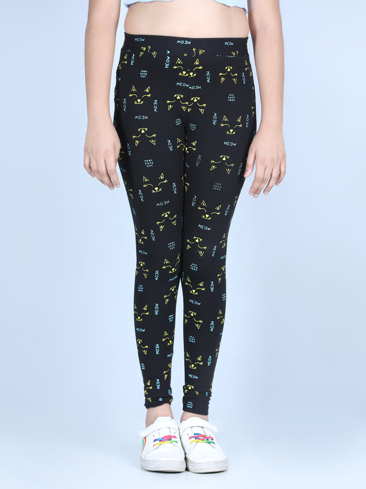 Girls Black Cotton Lycra Meow Printed Leggings