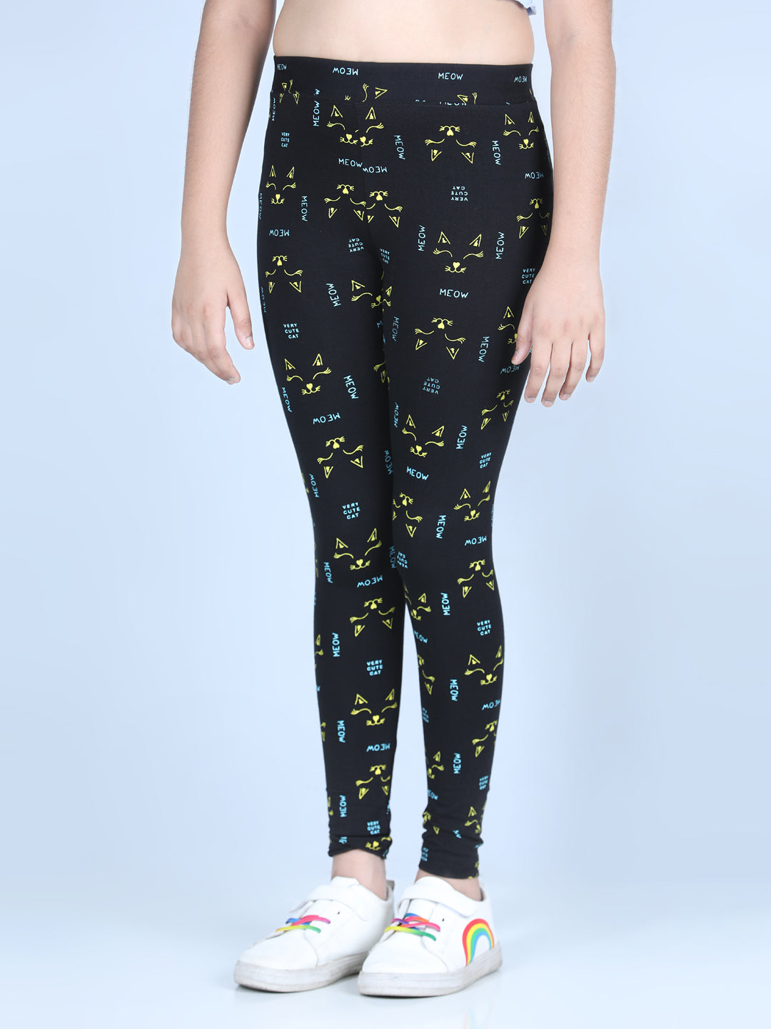 Girls Black Cotton Lycra Meow Printed Leggings