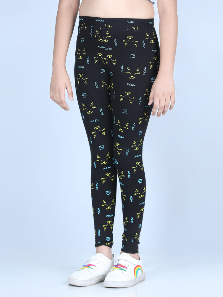 Girls Black Cotton Lycra Meow Printed Leggings