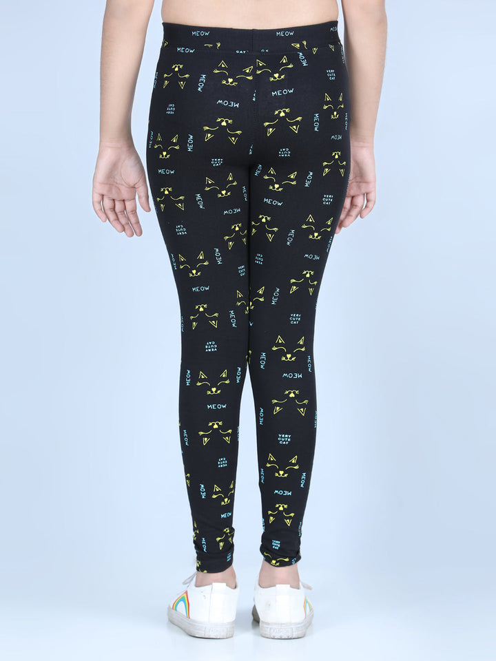 Girls Black Cotton Lycra Meow Printed Leggings