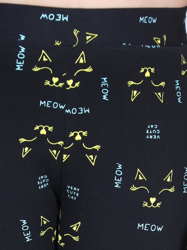 Girls Black Cotton Lycra Meow Printed Leggings
