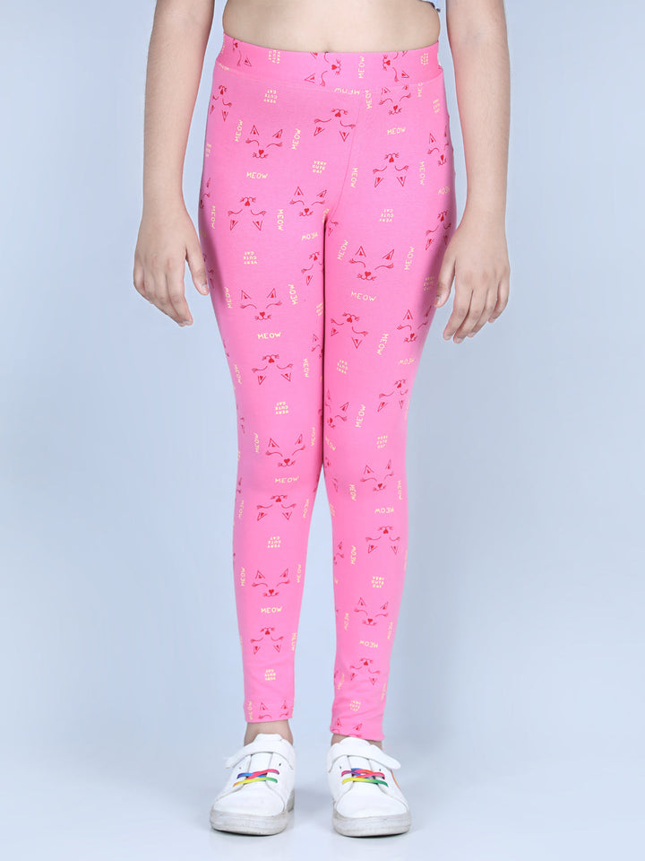 Girls Pink Cotton Lycra Meow Printed Leggings