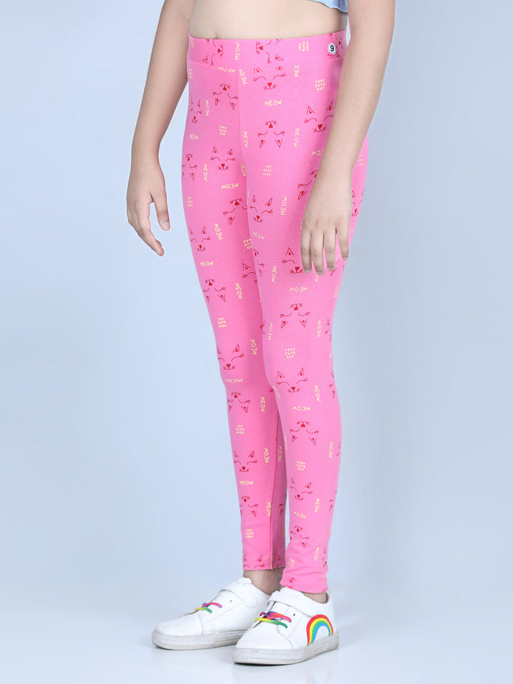 Girls Pink Cotton Lycra Meow Printed Leggings